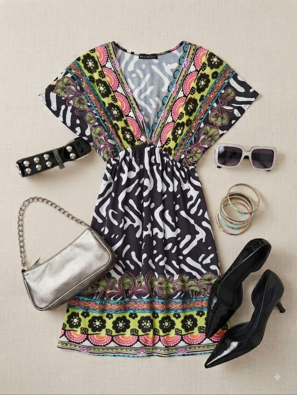 Y2K Funky People Pink Green Black White Bold Print Deep V-neck Mini Dress